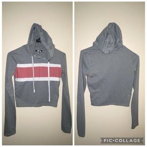 Gray Cropped Hoodie with Pink and White Stripes